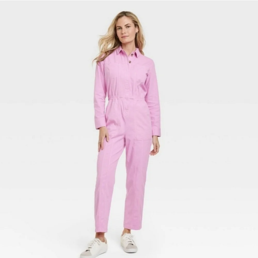 Universal Thread Women's Long Sleeve Button Down Coveralls Jumpsuits Pink - Picture 1 of 8